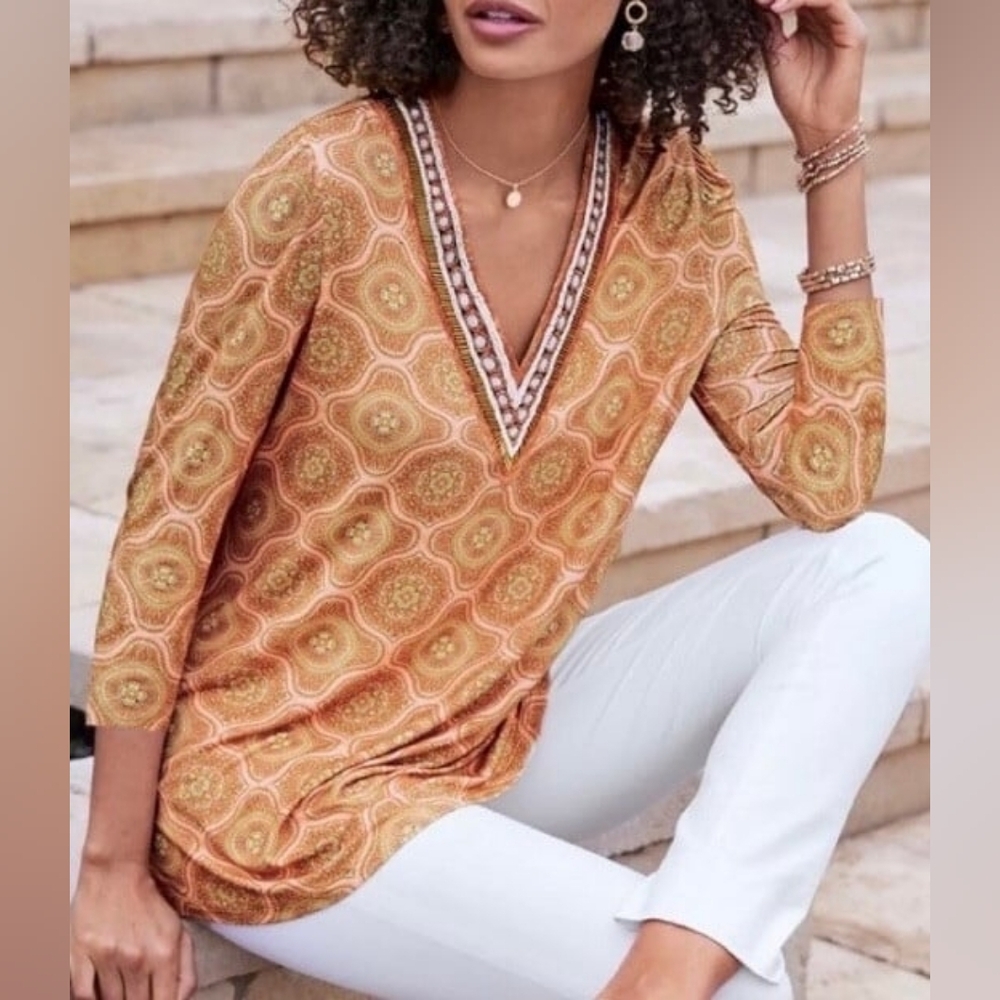 Soft Surroundings Lillia Beaded V Neck Tunic Top